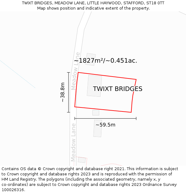 TWIXT BRIDGES, MEADOW LANE, LITTLE HAYWOOD, STAFFORD, ST18 0TT: Plot and title map