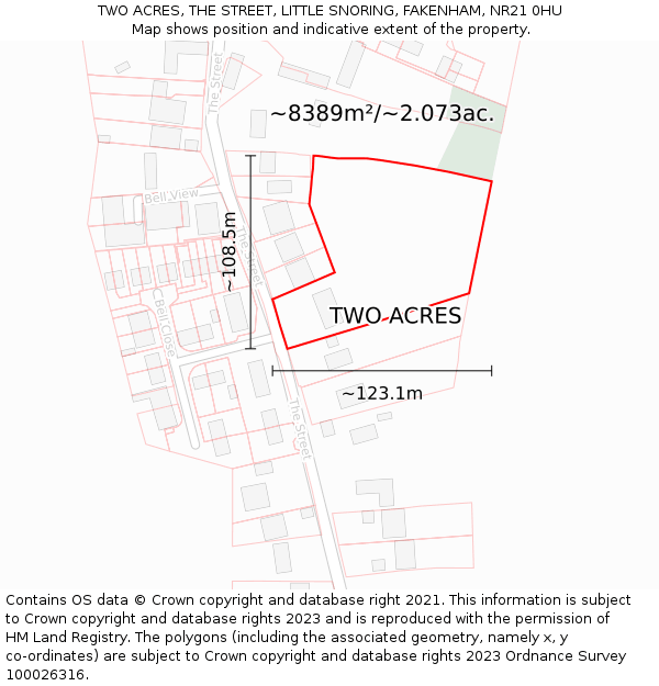 TWO ACRES, THE STREET, LITTLE SNORING, FAKENHAM, NR21 0HU: Plot and title map