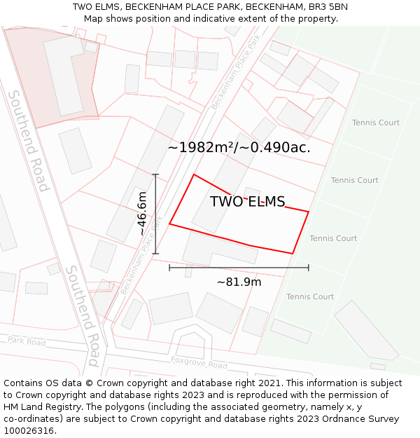 TWO ELMS, BECKENHAM PLACE PARK, BECKENHAM, BR3 5BN: Plot and title map
