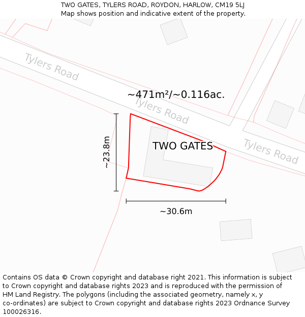 TWO GATES, TYLERS ROAD, ROYDON, HARLOW, CM19 5LJ: Plot and title map