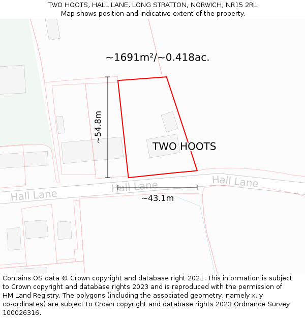 TWO HOOTS, HALL LANE, LONG STRATTON, NORWICH, NR15 2RL: Plot and title map