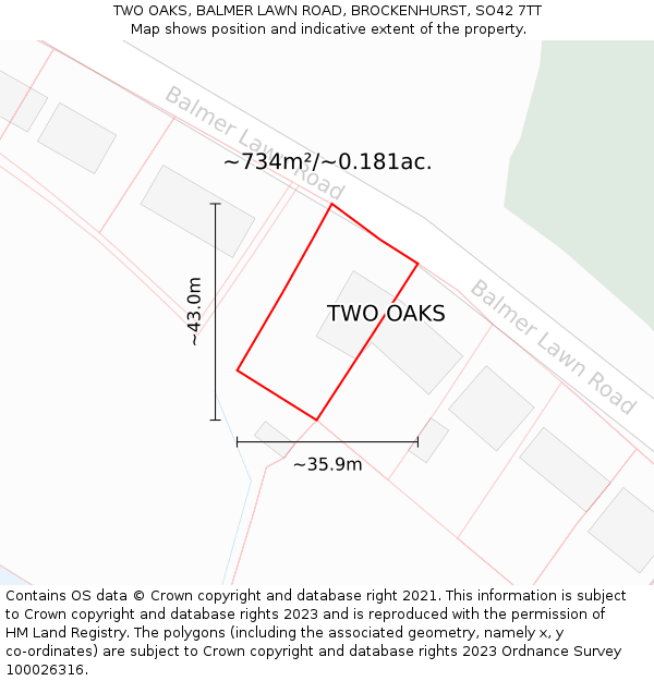 TWO OAKS, BALMER LAWN ROAD, BROCKENHURST, SO42 7TT: Plot and title map