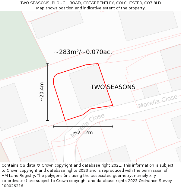 TWO SEASONS, PLOUGH ROAD, GREAT BENTLEY, COLCHESTER, CO7 8LD: Plot and title map