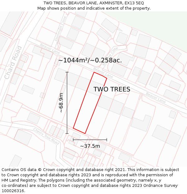 TWO TREES, BEAVOR LANE, AXMINSTER, EX13 5EQ: Plot and title map