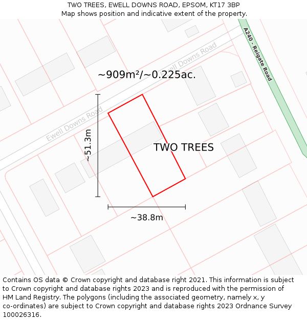 TWO TREES, EWELL DOWNS ROAD, EPSOM, KT17 3BP: Plot and title map