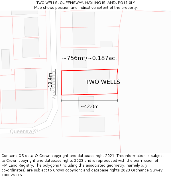 TWO WELLS, QUEENSWAY, HAYLING ISLAND, PO11 0LY: Plot and title map