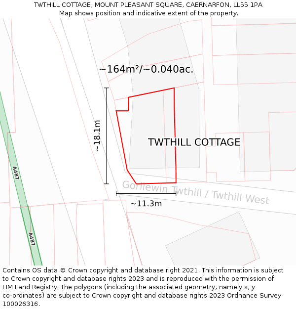 TWTHILL COTTAGE, MOUNT PLEASANT SQUARE, CAERNARFON, LL55 1PA: Plot and title map