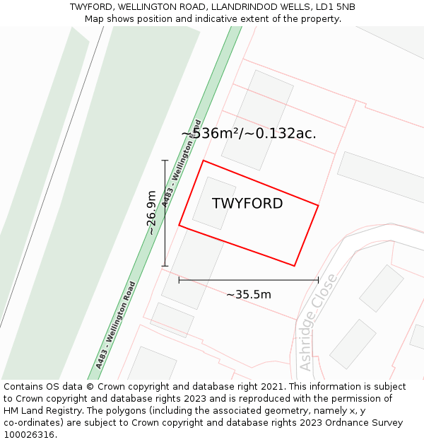 TWYFORD, WELLINGTON ROAD, LLANDRINDOD WELLS, LD1 5NB: Plot and title map