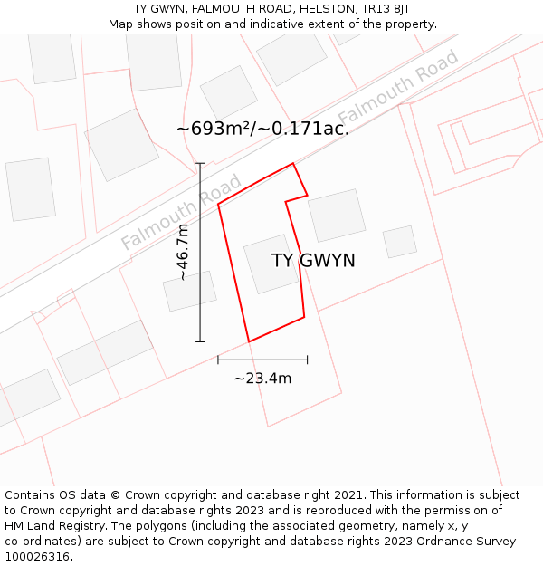 TY GWYN, FALMOUTH ROAD, HELSTON, TR13 8JT: Plot and title map