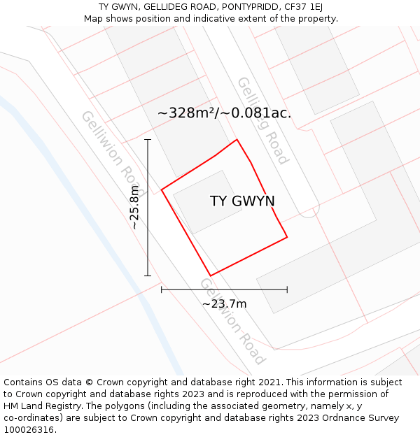 TY GWYN, GELLIDEG ROAD, PONTYPRIDD, CF37 1EJ: Plot and title map