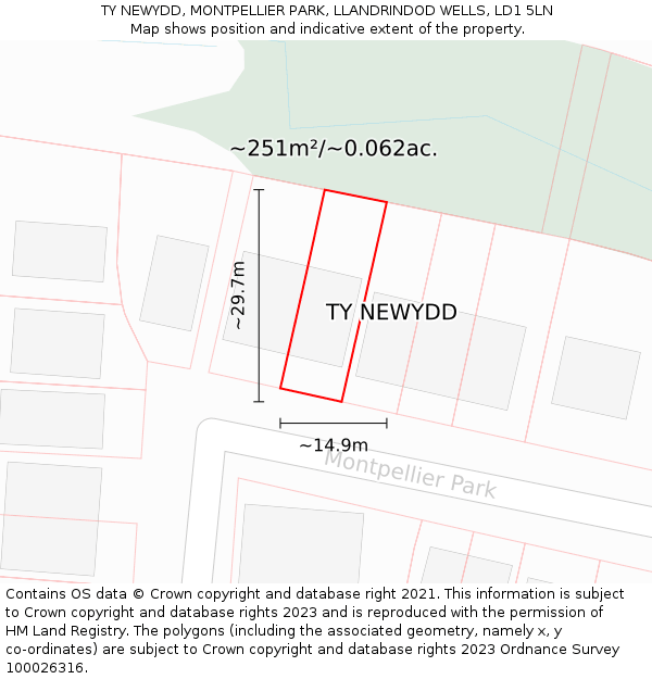 TY NEWYDD, MONTPELLIER PARK, LLANDRINDOD WELLS, LD1 5LN: Plot and title map