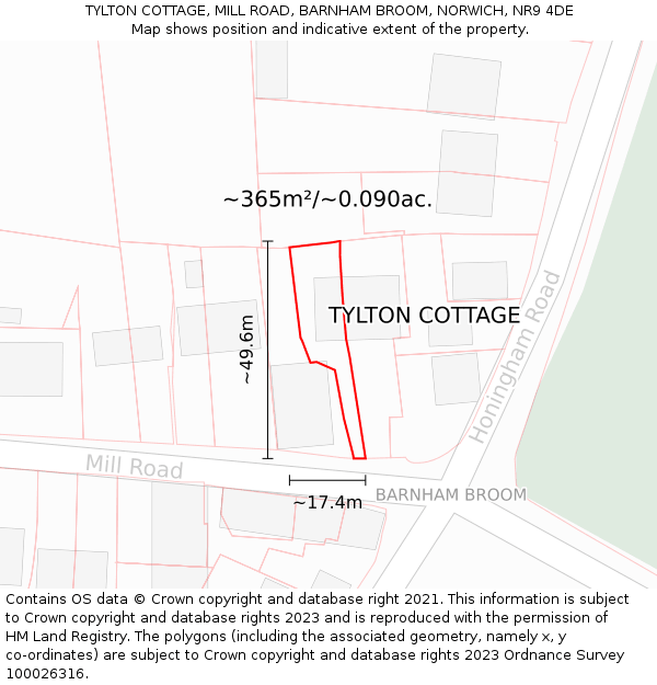 TYLTON COTTAGE, MILL ROAD, BARNHAM BROOM, NORWICH, NR9 4DE: Plot and title map