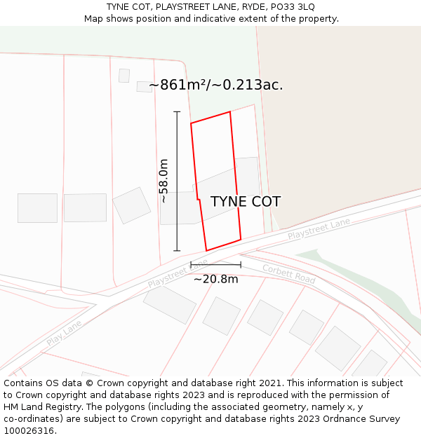 TYNE COT, PLAYSTREET LANE, RYDE, PO33 3LQ: Plot and title map