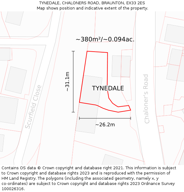 TYNEDALE, CHALONERS ROAD, BRAUNTON, EX33 2ES: Plot and title map