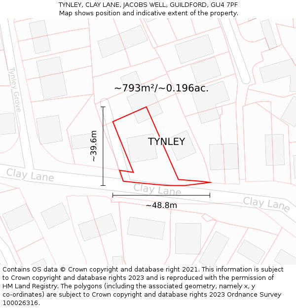 TYNLEY, CLAY LANE, JACOBS WELL, GUILDFORD, GU4 7PF: Plot and title map