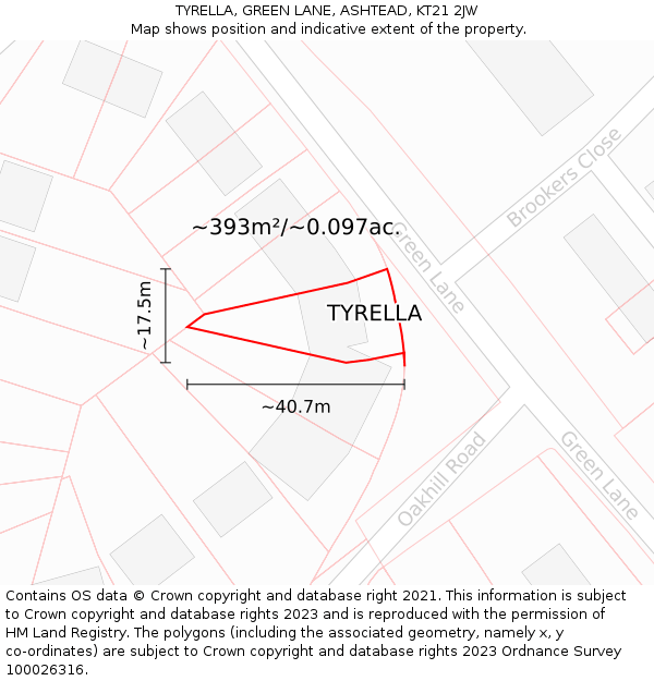 TYRELLA, GREEN LANE, ASHTEAD, KT21 2JW: Plot and title map