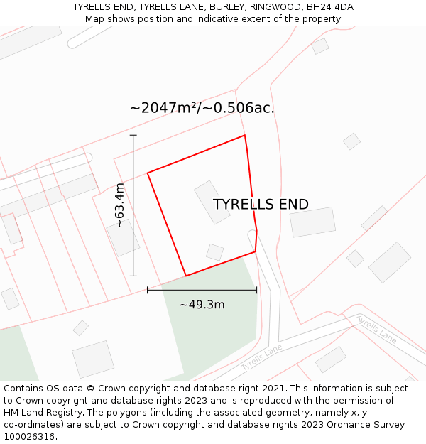 TYRELLS END, TYRELLS LANE, BURLEY, RINGWOOD, BH24 4DA: Plot and title map
