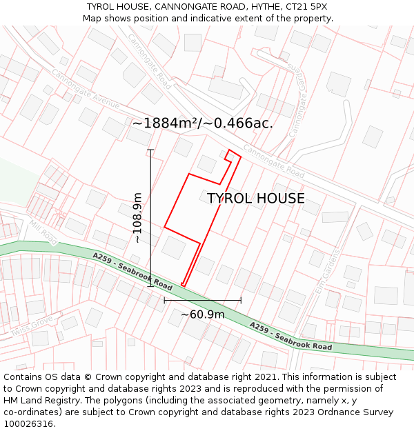 TYROL HOUSE, CANNONGATE ROAD, HYTHE, CT21 5PX: Plot and title map