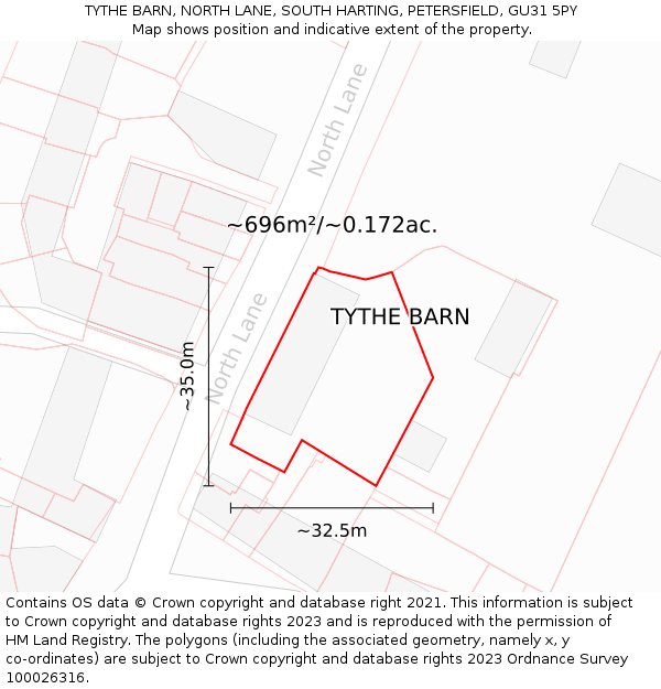 TYTHE BARN, NORTH LANE, SOUTH HARTING, PETERSFIELD, GU31 5PY: Plot and title map