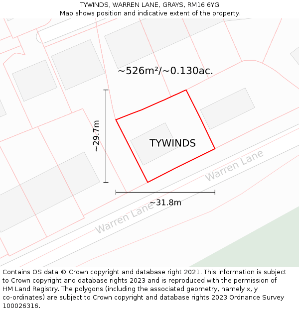TYWINDS, WARREN LANE, GRAYS, RM16 6YG: Plot and title map