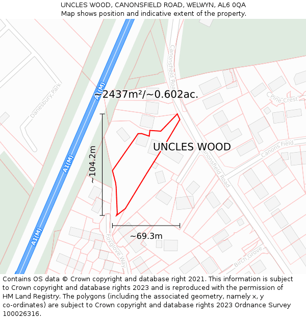 UNCLES WOOD, CANONSFIELD ROAD, WELWYN, AL6 0QA: Plot and title map