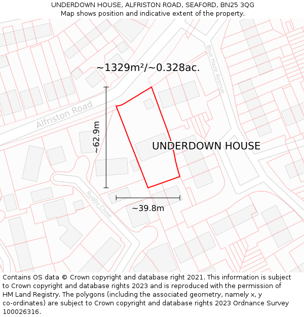 UNDERDOWN HOUSE, ALFRISTON ROAD, SEAFORD, BN25 3QG: Plot and title map