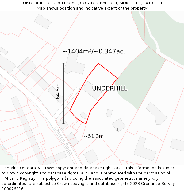 UNDERHILL, CHURCH ROAD, COLATON RALEIGH, SIDMOUTH, EX10 0LH: Plot and title map