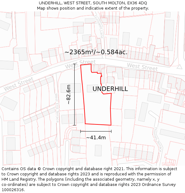 UNDERHILL, WEST STREET, SOUTH MOLTON, EX36 4DQ: Plot and title map