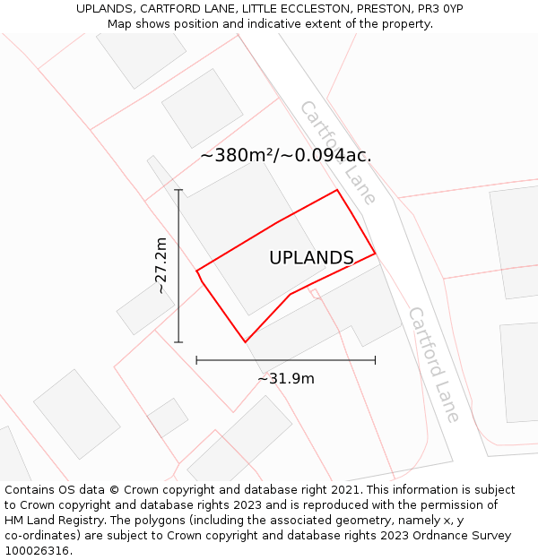 UPLANDS, CARTFORD LANE, LITTLE ECCLESTON, PRESTON, PR3 0YP: Plot and title map