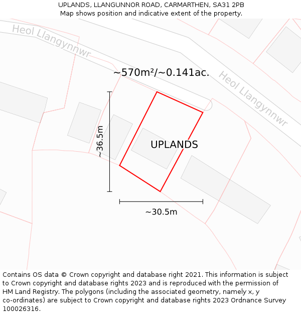 UPLANDS, LLANGUNNOR ROAD, CARMARTHEN, SA31 2PB: Plot and title map