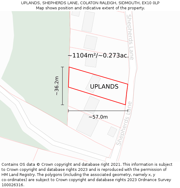 UPLANDS, SHEPHERDS LANE, COLATON RALEIGH, SIDMOUTH, EX10 0LP: Plot and title map