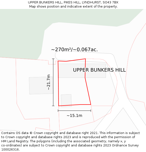 UPPER BUNKERS HILL, PIKES HILL, LYNDHURST, SO43 7BX: Plot and title map