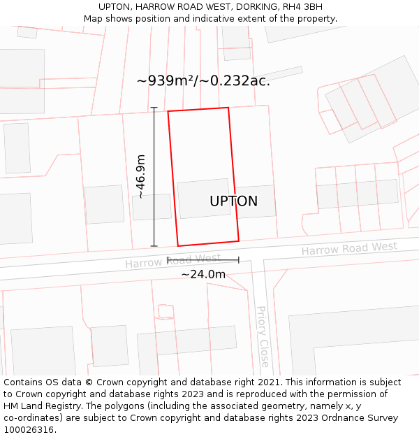 UPTON, HARROW ROAD WEST, DORKING, RH4 3BH: Plot and title map