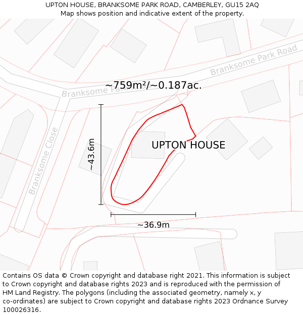 UPTON HOUSE, BRANKSOME PARK ROAD, CAMBERLEY, GU15 2AQ: Plot and title map