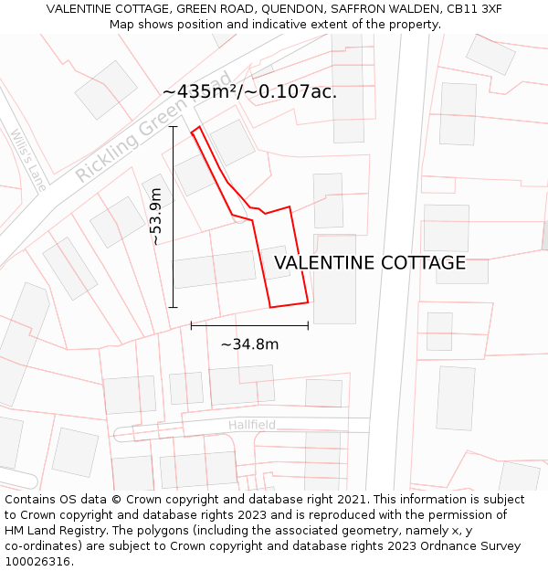 VALENTINE COTTAGE, GREEN ROAD, QUENDON, SAFFRON WALDEN, CB11 3XF: Plot and title map