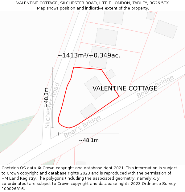 VALENTINE COTTAGE, SILCHESTER ROAD, LITTLE LONDON, TADLEY, RG26 5EX: Plot and title map