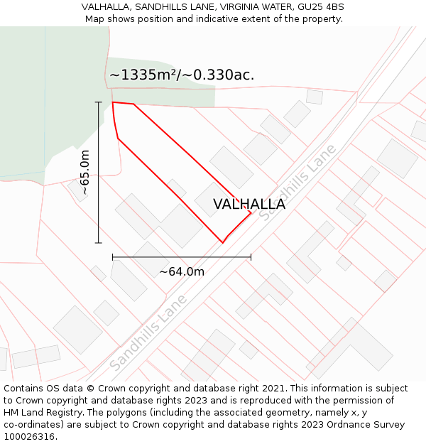 VALHALLA, SANDHILLS LANE, VIRGINIA WATER, GU25 4BS: Plot and title map