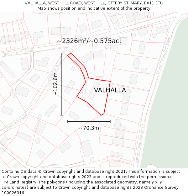 VALHALLA, WEST HILL ROAD, WEST HILL, OTTERY ST. MARY, EX11 1TU: Plot and title map