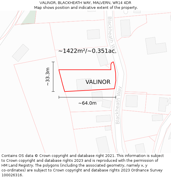 VALINOR, BLACKHEATH WAY, MALVERN, WR14 4DR: Plot and title map