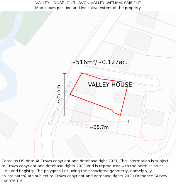 VALLEY HOUSE, GUITHAVON VALLEY, WITHAM, CM8 1HF: Plot and title map