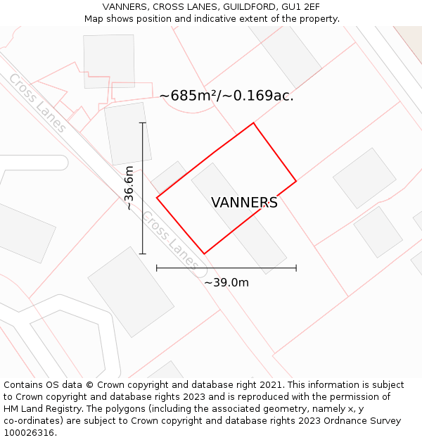 VANNERS, CROSS LANES, GUILDFORD, GU1 2EF: Plot and title map