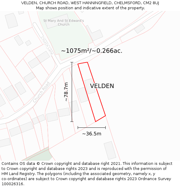 VELDEN, CHURCH ROAD, WEST HANNINGFIELD, CHELMSFORD, CM2 8UJ: Plot and title map