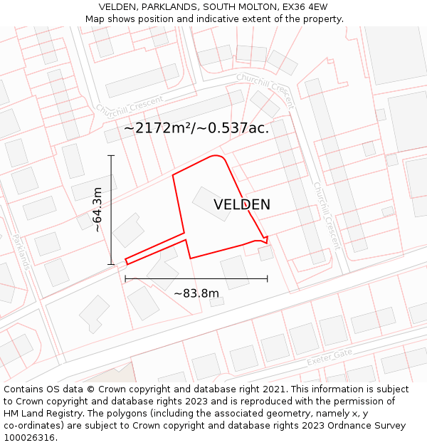 VELDEN, PARKLANDS, SOUTH MOLTON, EX36 4EW: Plot and title map