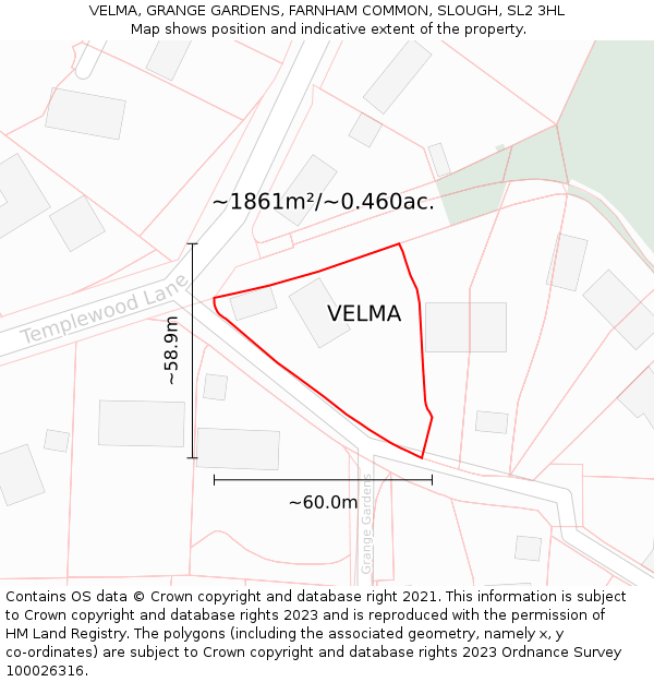 VELMA, GRANGE GARDENS, FARNHAM COMMON, SLOUGH, SL2 3HL: Plot and title map