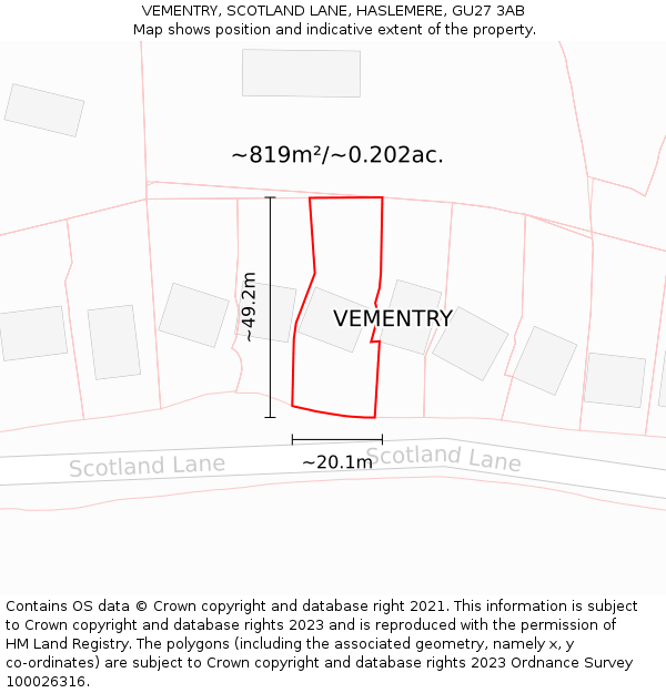 VEMENTRY, SCOTLAND LANE, HASLEMERE, GU27 3AB: Plot and title map