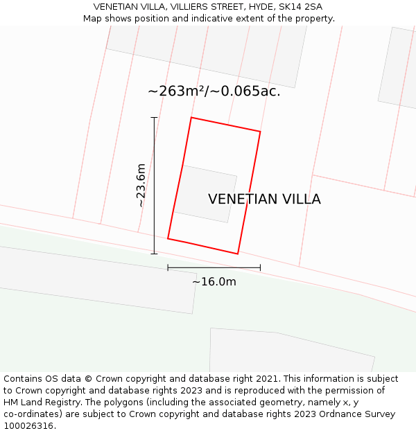 VENETIAN VILLA, VILLIERS STREET, HYDE, SK14 2SA: Plot and title map