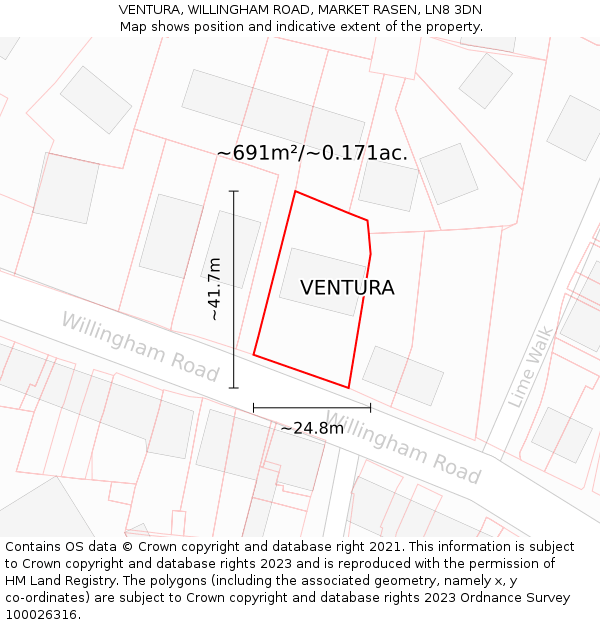 VENTURA, WILLINGHAM ROAD, MARKET RASEN, LN8 3DN: Plot and title map