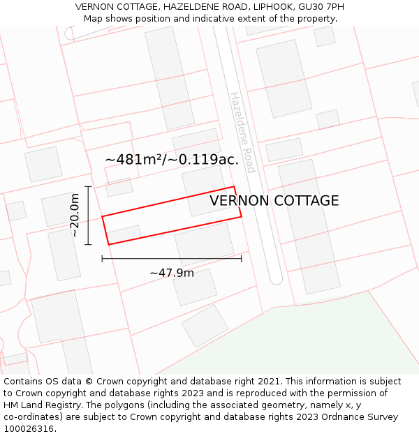 VERNON COTTAGE, HAZELDENE ROAD, LIPHOOK, GU30 7PH: Plot and title map