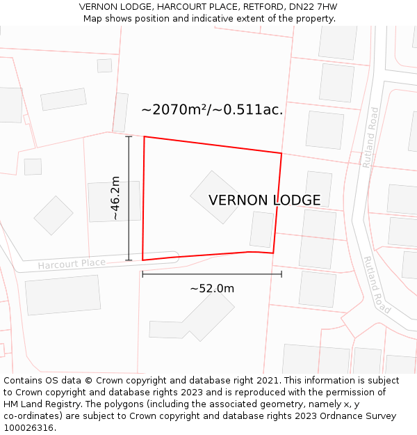 VERNON LODGE, HARCOURT PLACE, RETFORD, DN22 7HW: Plot and title map