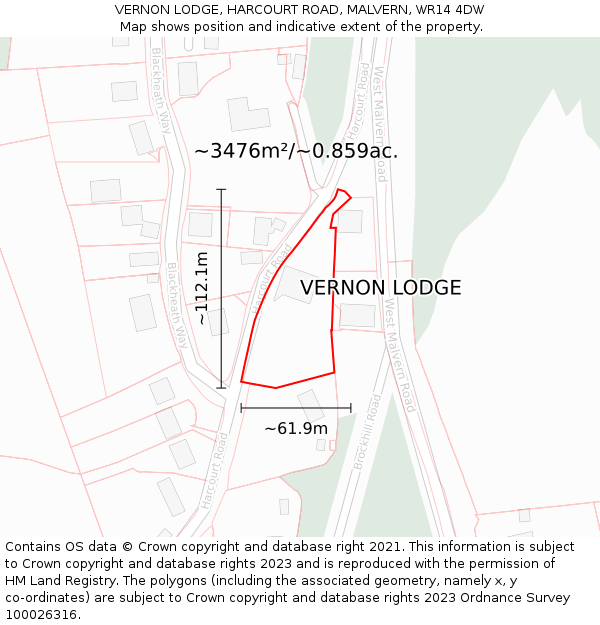 VERNON LODGE, HARCOURT ROAD, MALVERN, WR14 4DW: Plot and title map